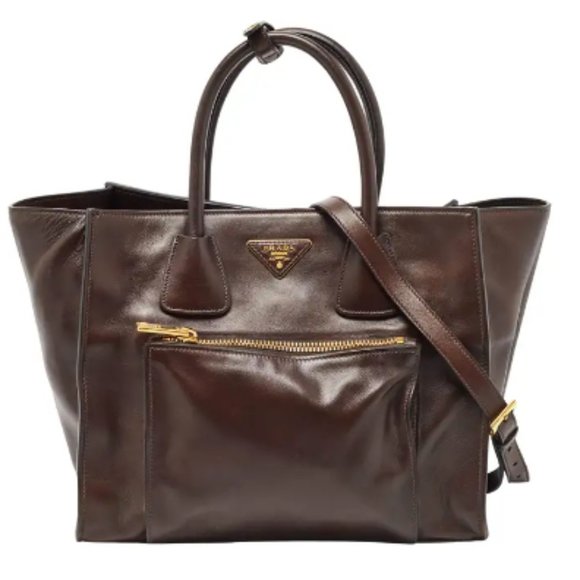 Prada | Brown Leather Front Pocket Wing Convertible Tote Bag Handbag Brown - Picture 1 of 17
